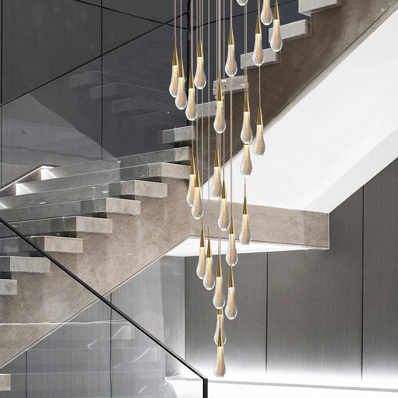 Gold Crystal Tear Drop Chandelier for Villa Staircases, LED Pendant Light by Axyaa