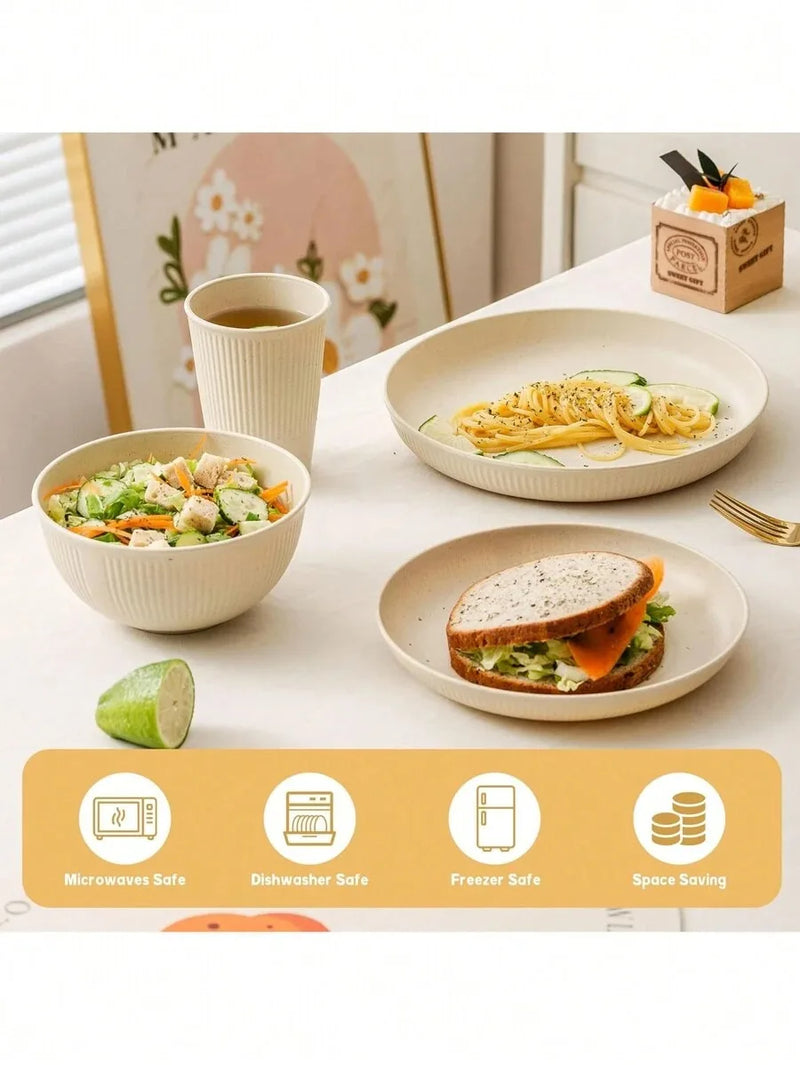 Axyaa 24-Piece Dinnerware Set, Reusable Cup, Plate and Bowl for Camping, Picnic - Beige