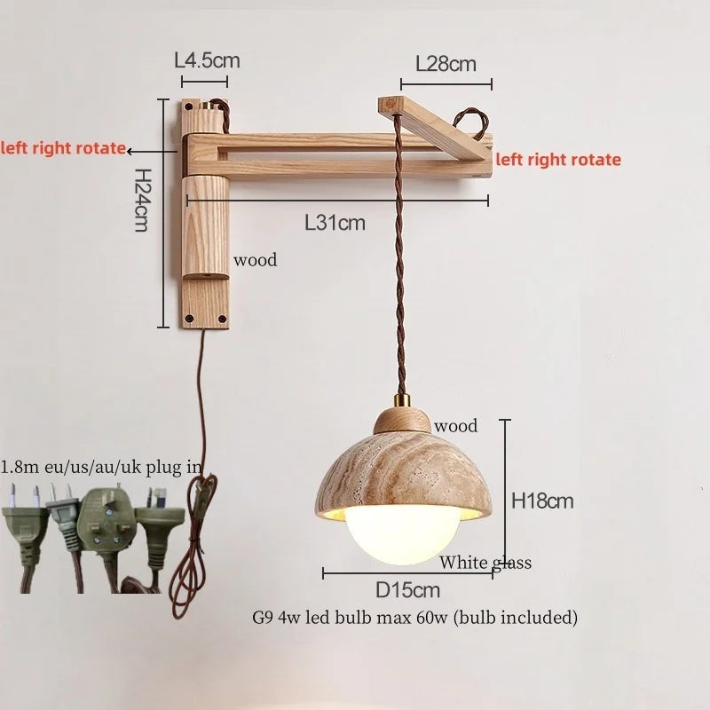 Axyaa Wood Stone LED Wall Lamp with Pull Switch, Stretching and Folding for Home Lighting