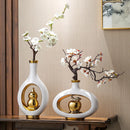 Axyaa Chinese Style Ceramic Vase with Wooden Frame: Retro Modern Home Decor Vase