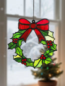 Axyaa Holly Wreath Ornament: Green Acrylic with Red Bow, Christmas Tree & Window Decor