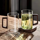 Axyaa Glass Cup with Walnut Handle, Large Capacity, Heat-resistant for Office and Home