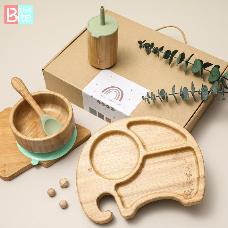 Axya Elephant Wooden Dinner Plate Set with Silicone Suction Cup
