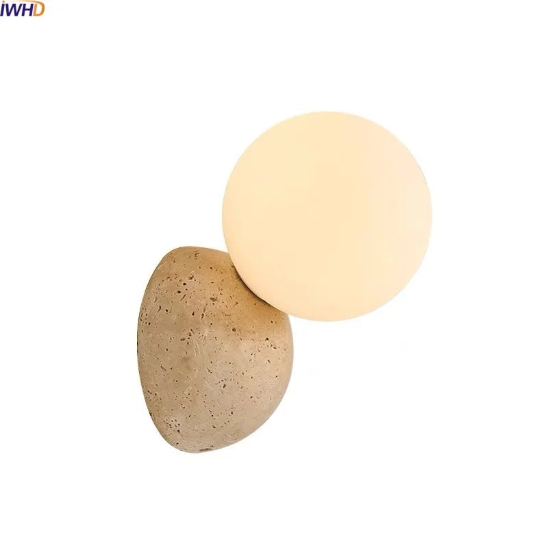 Axyaa Wabi Sabi LED Wall Light Yellow Travertine Stone Glass Ball Bedside Lamp