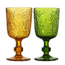 Axyaa Vintage Green Amber Embossed Wine Goblets Heavy Thick Glass Cup Set