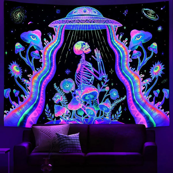 Axyaa Psychedelic UV Wall Tapestry: Skull Mushroom Witchcraft Art - Beautiful Decor