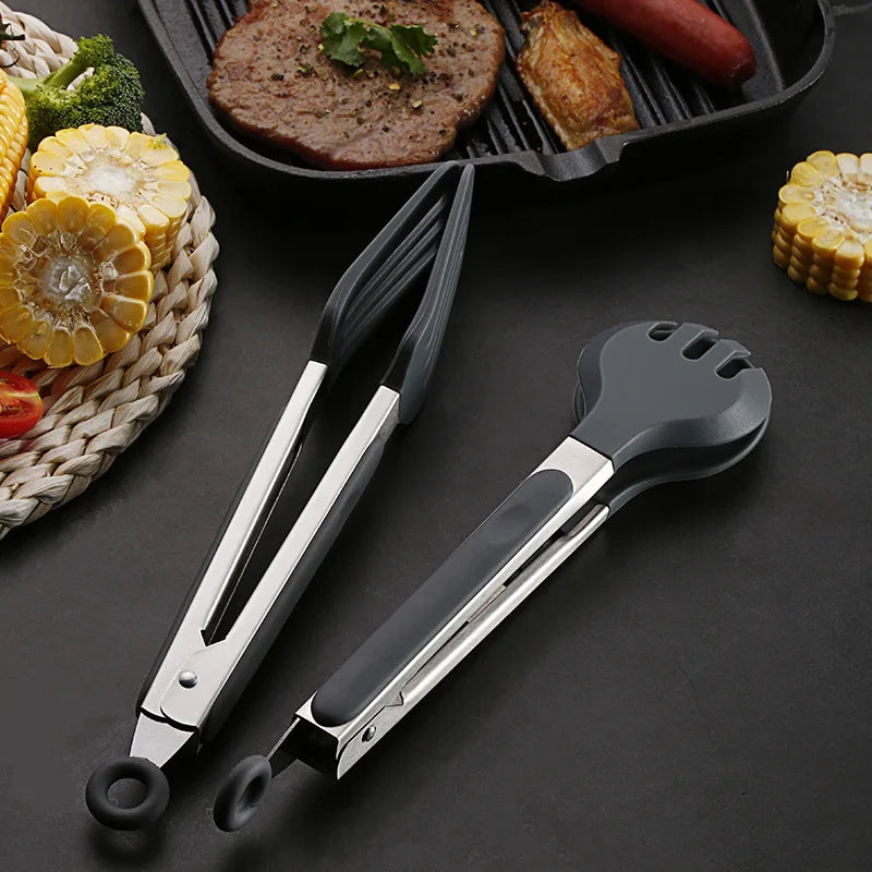 Axyaa Silicone Food Tongs Stainless Steel Grill Clamp Kitchen Utensils