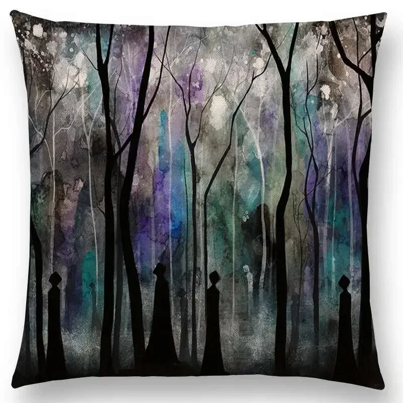 Cute Cat Moon Night Wonderland Witch Halloween Dance Pillow Cover by Axyaa