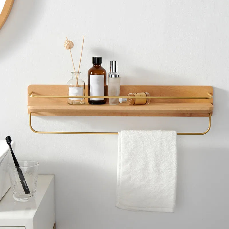 Wooden Brass Hook Towel Rack Wall Shelf for Bathroom Storage by Axya