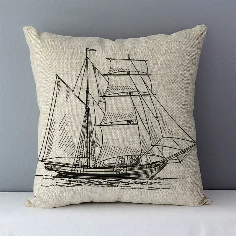 Navy Blue Mediterranean Print Linen Cushion Cover by Axyaa - 45x45cm