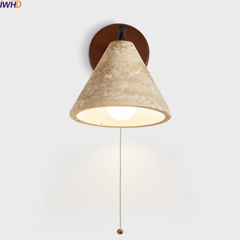 Axyaa LED Wall Lights Bathroom Decor Pull Chain Switch Black Iron Yellow Travertine