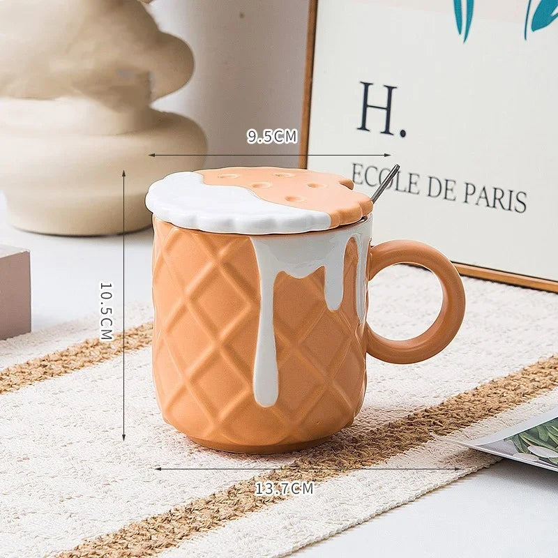 Axyaa 400ML Biscuit Pattern Coffee Mug With Lid, Spoon - Cute Kawaii Ceramic Cup