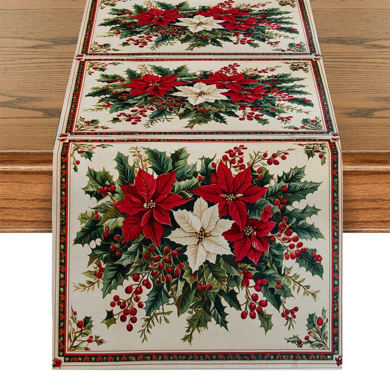 Axyaa Christmas Poinsettia Holly Table Runner for Rustic Dining Decor
