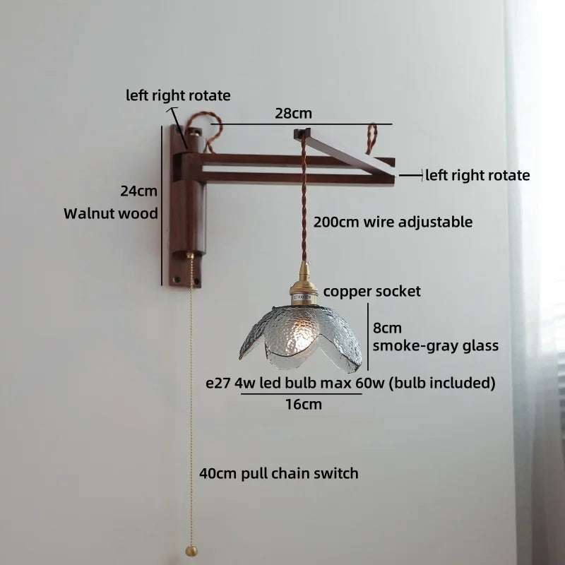 Axyaa Clear Glass LED Wall Sconce with Arm, Black Walnut Wood Stair Light