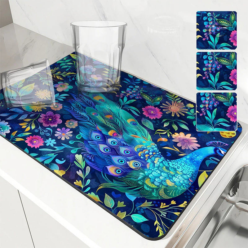 Axyaa Vintage Peacock Draining Mat - Quick Dry Kitchen & Bathroom Drain Pad