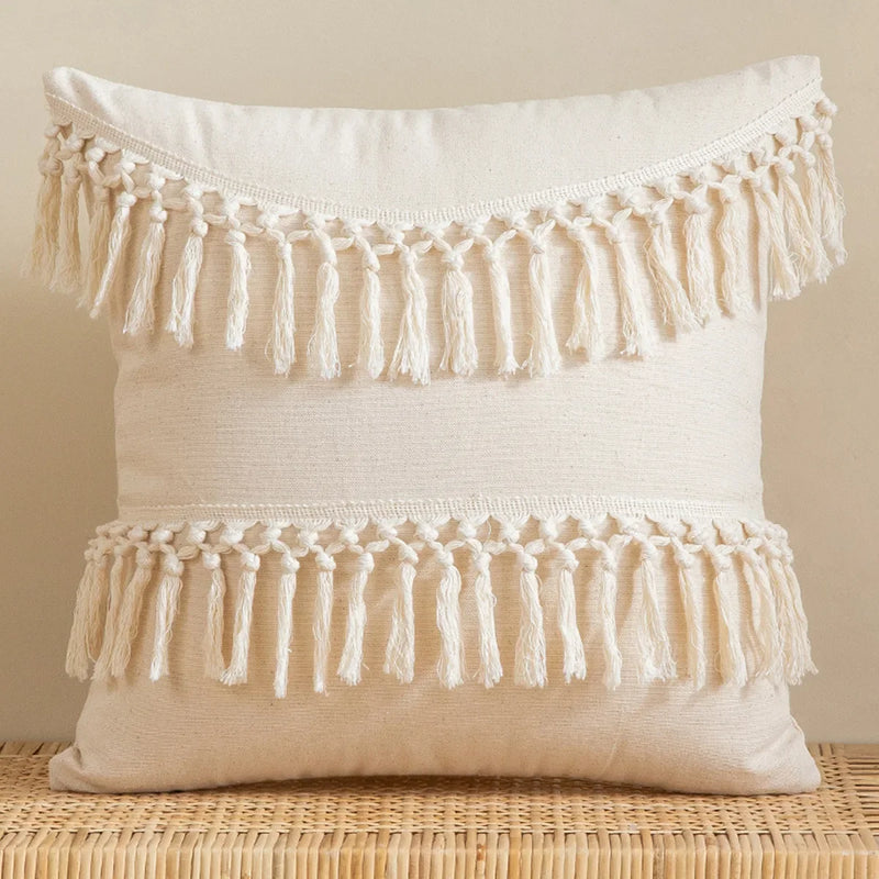 Axyaa Beige Cotton Weave Fringed Cushion Cover for Home Decor