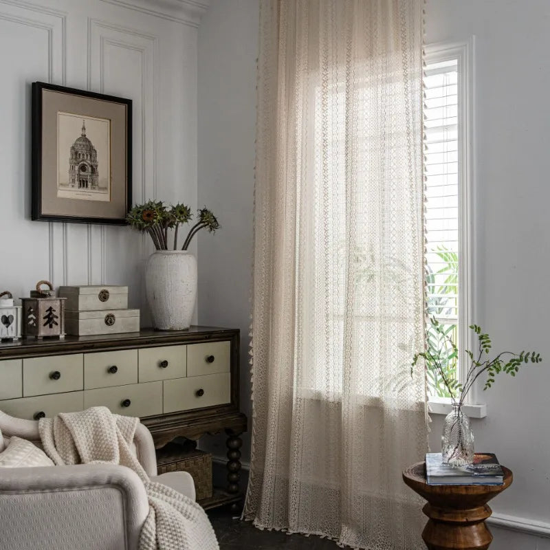 Beige Crochet Translucent Hollowed Out Curtain for American Rural Living Room by Axya