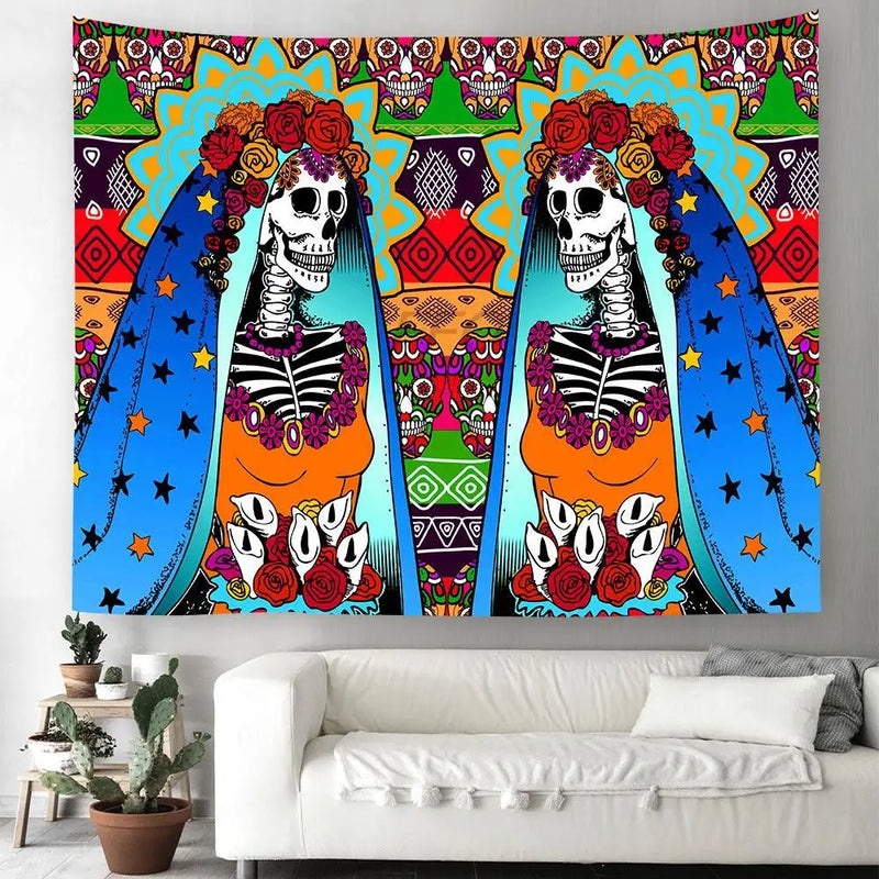 Axyaa Day of the Dead Skull Tapestry: Boho Room Decor Wall Hanging