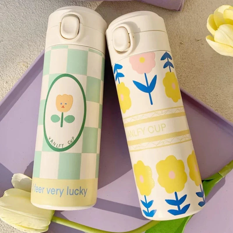 Axyaa Cartoon Tulip Thermos Cup with Straw, Leak-Proof Travel Water Bottle