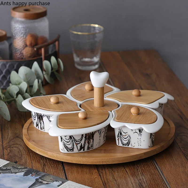 Axya Rotating 5-Grid Ceramic Snack Platter with Wooden Lid - Decorative Tableware