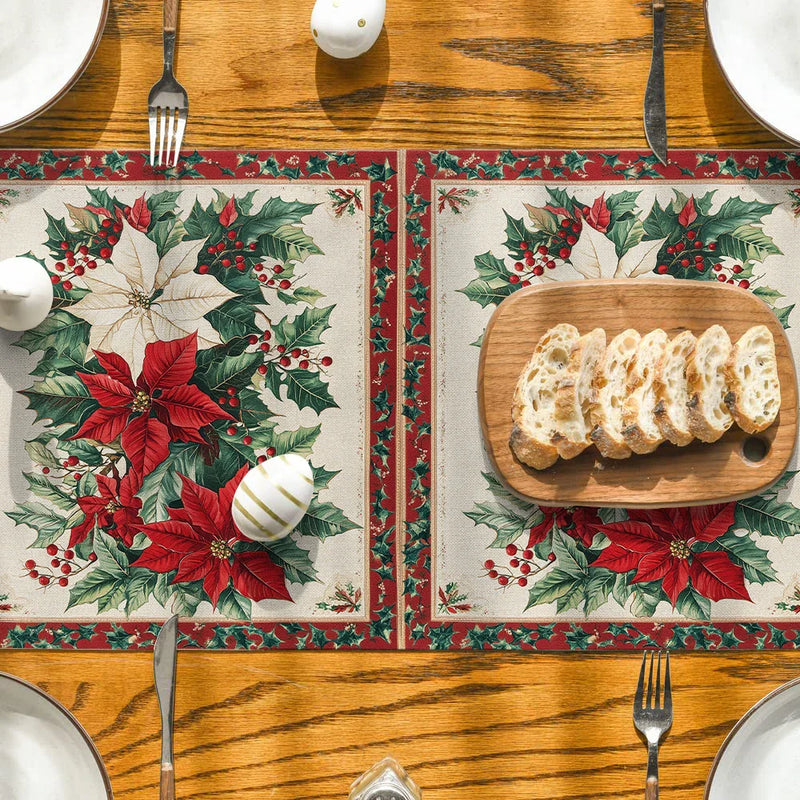 Axyaa Christmas Poinsettia Holly Table Runner for Rustic Dining Decor