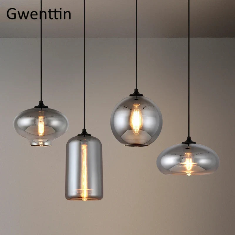 Axyaa Nordic Smoky Gray Glass Pendant Lights LED E27 Industrial Hanging Lamp