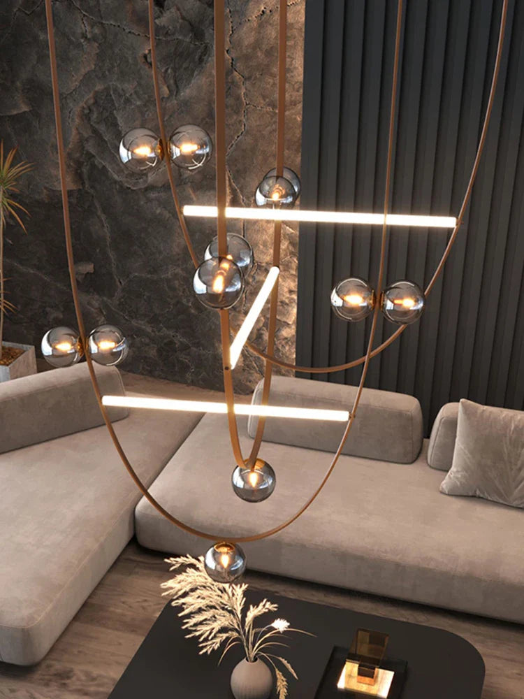 Axyaa Modern Italian Leather Pendant Lamps Minimalist Glass Ball Chandelier for Villas and Duplexes