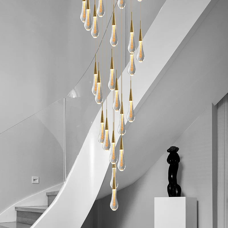 Gold Crystal Tear Drop Chandelier for Villa Staircases, LED Pendant Light by Axyaa