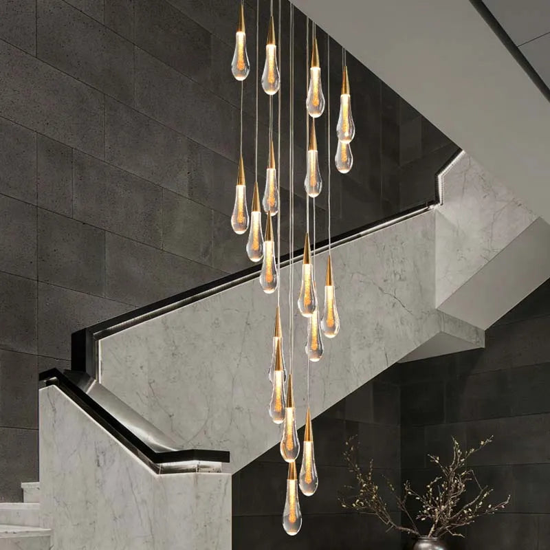 Gold Crystal Tear Drop Chandelier for Villa Staircases, LED Pendant Light by Axyaa