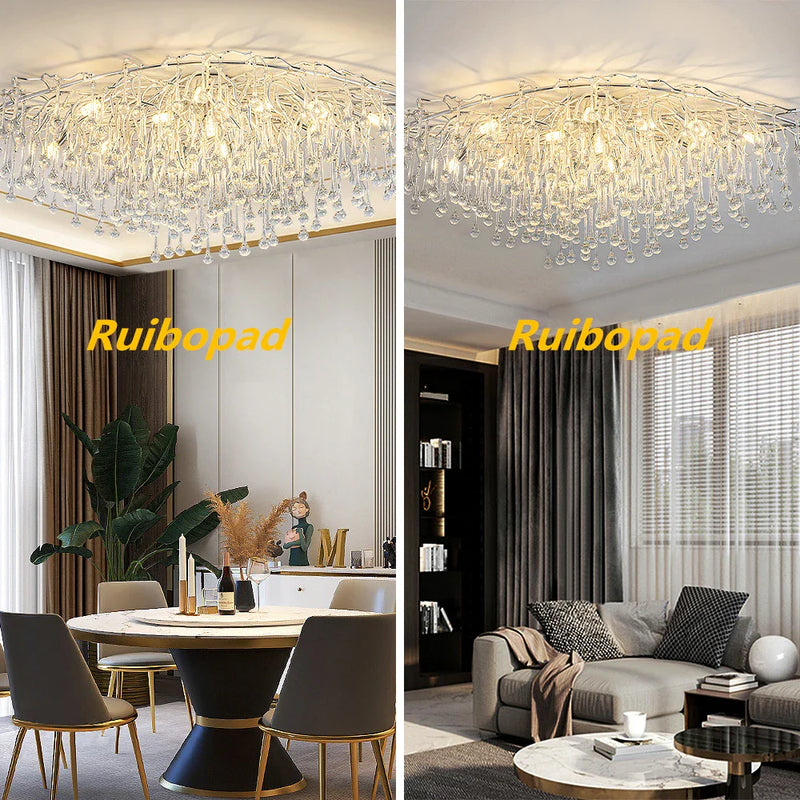 Axyaa Chrome Teardrop Crystal Ceiling Chandelier - Modern Luxury Branch Crystal Chandeliers