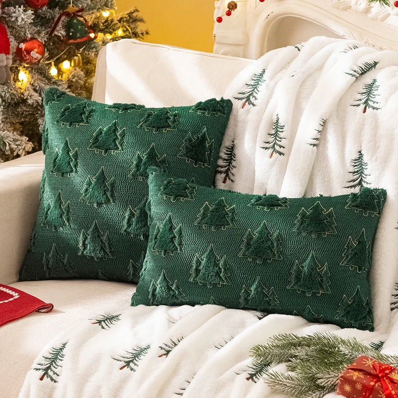 Axyaa Soft Plush Faux Fur Christmas Tree Pillow Cover for Winter Holiday Decor