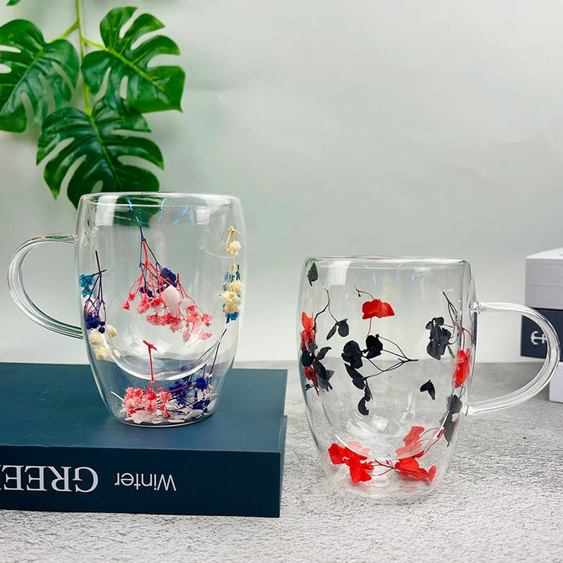 Axya 350ml Double Wall Glass Cup with Artificial Flower Filler.