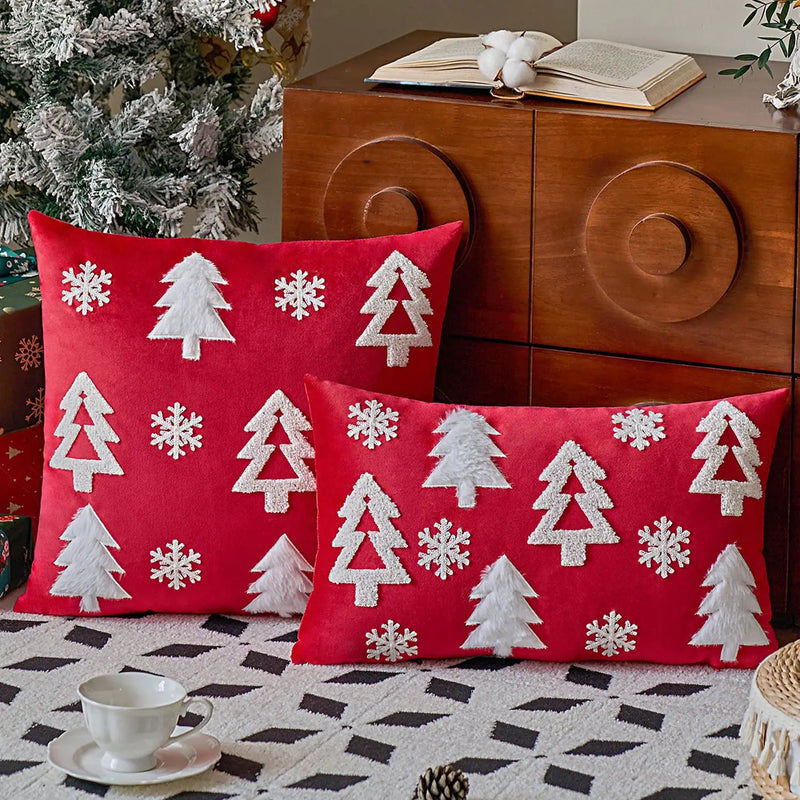 Axyaa Velvet Christmas Tree Cushion Cover, Embroidered Snowflakes, Home Decor