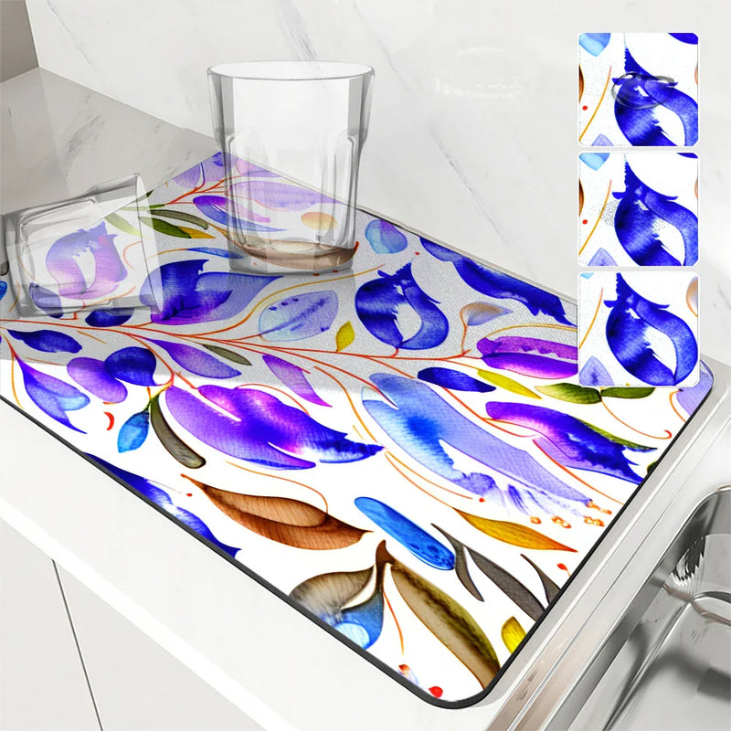 Axyaa Watercolor Kitchen Draining Mat - Large, Anti-slip, Quick Dry, Absorbent Drain Pad