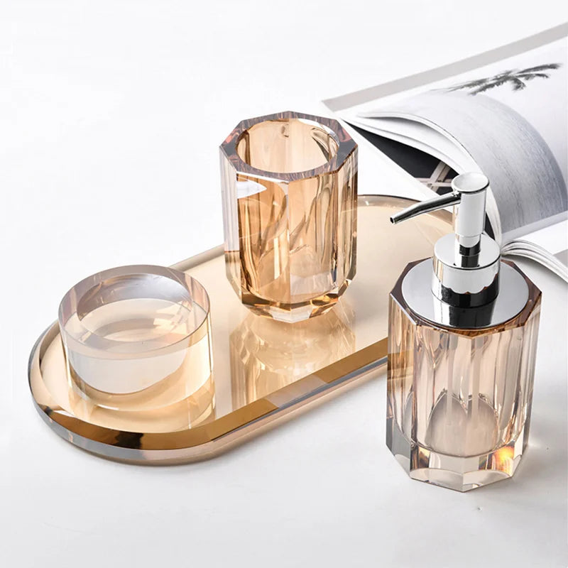 Axya Crystal Bathroom Kit: Soap Bottle, Pump Dispenser, Soap Dish, Toilet Storage Bin
