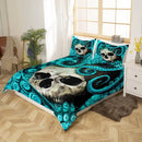 Axyaa Octopus Skull 3D Print Duvet Cover Set Blue Cotton Comforter Bedding with 2 Pillow Shams
