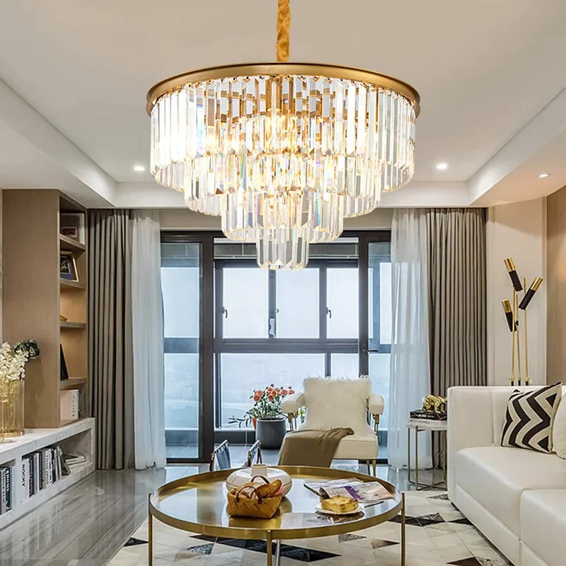 Axyaa Crystal Gold Black LED Chandelier: Modern Multi-Storey Pendant Lamp