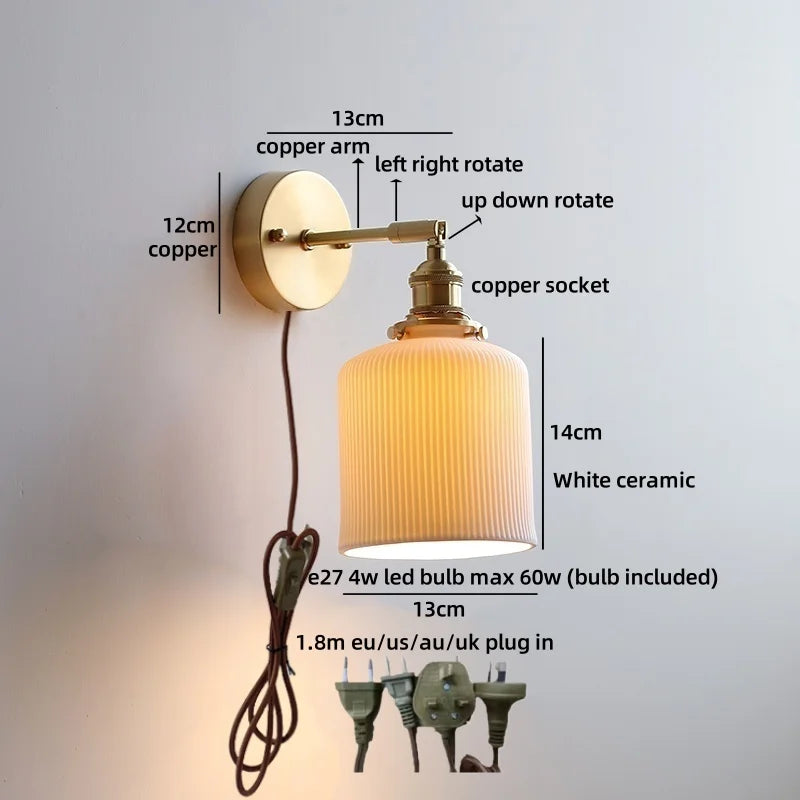 Axyaa Ceramic LED Wall Lamp: Japan Style Gold Brass Arm, Up Down Rotate