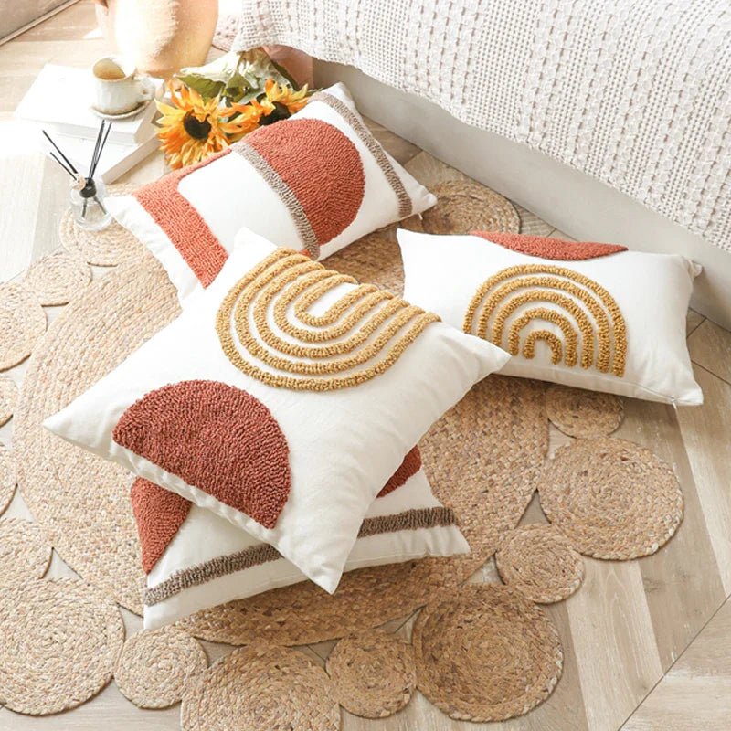 Axyaa Burnt Orange Gematric Tufted Half Circle Cushion Cover for Home Decor