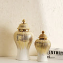 Axyaa Golden Stripes Ceramic Ginger Jar Vase with Lid - Handcrafted Porcelain Storage Tank