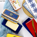 Axyaa Ceramic Butter Plate with Lid, Hand-painted Square Dim Sum & Cheese Plate