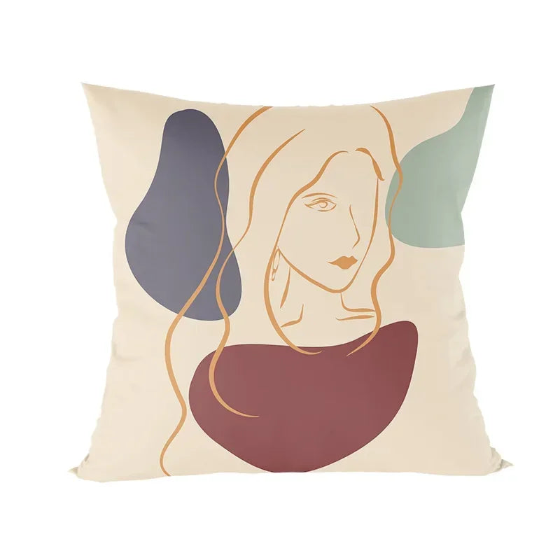 Abstract Line Drawing Girls Print Cushion Cover 45x45cm by Axyaa