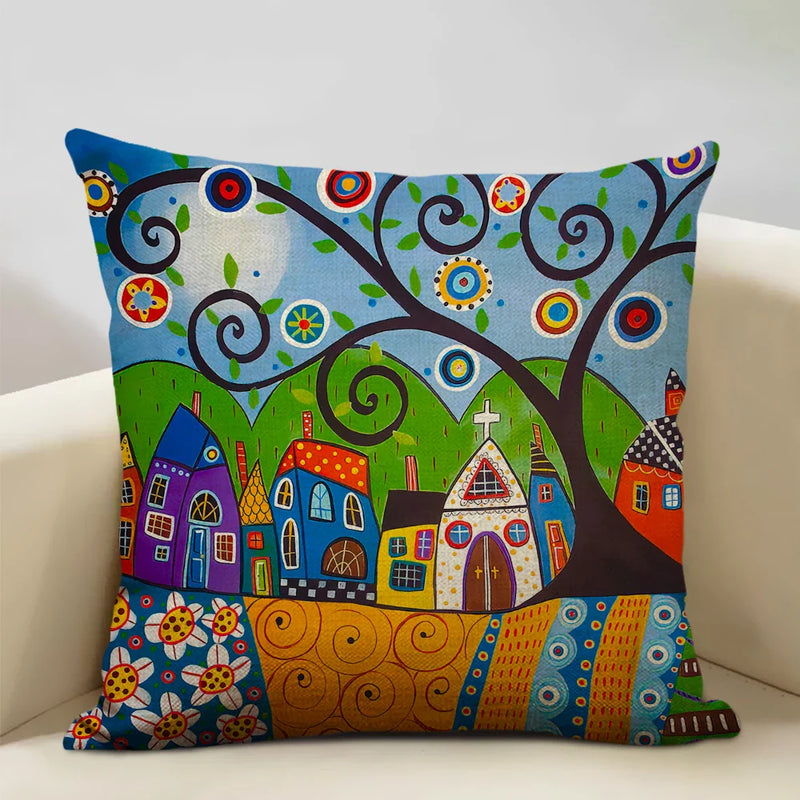 Axyaa Scenic Illustration Cushion Cover 45x45cm for Home Art Decoration