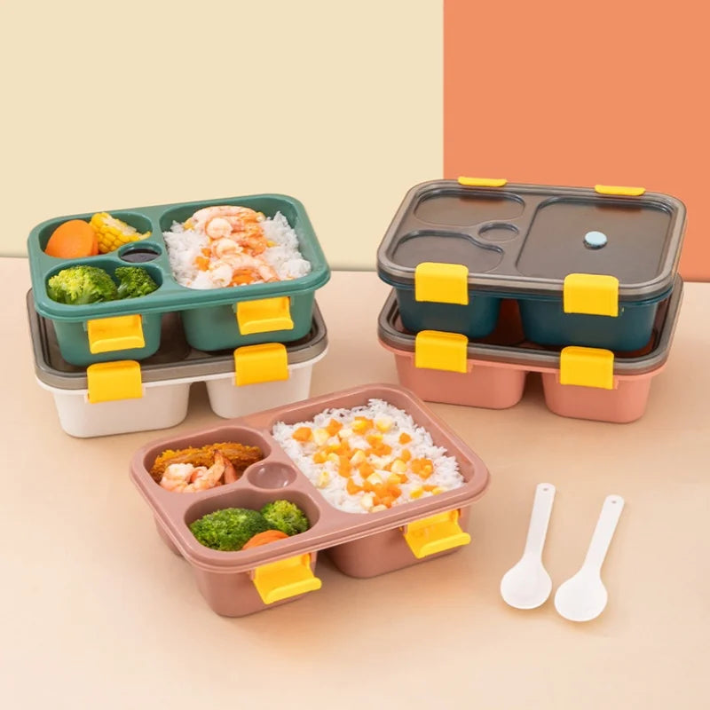 Axyaa 3-Grid Bento Box with Spoon | Microwaveable Lunch Container & Tableware