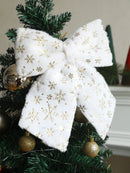 Axyaa White Furry Gold Snowflake Print Christmas Tree Topper Bow & Hanging Ornaments