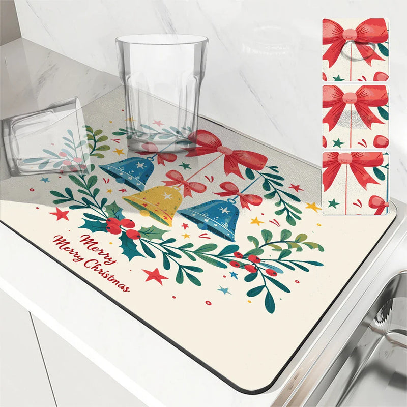Christmas Bells Drying Mat: Absorbent Dish & Cup Placemat by Axyaa
