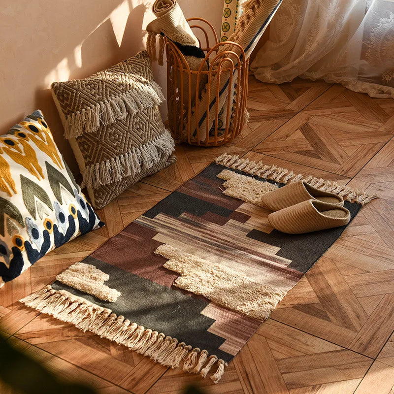 Axya Cotton Linen Tassel Woven Floor Mat | Modern Minimalist Bedroom Carpet