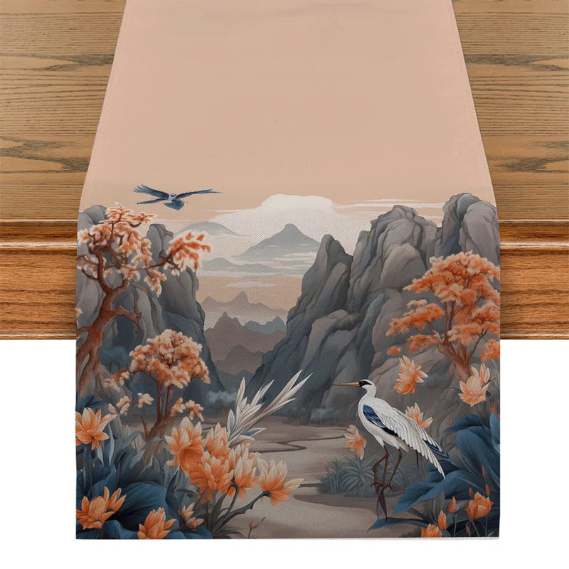 Axyaa Mountain Flower Birds River Table Runner Farmhouse Dining Wedding Decor