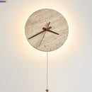 Axyaa Stone Clock LED Wall Light Yellow Travertine Wooden Pointer for Living Room