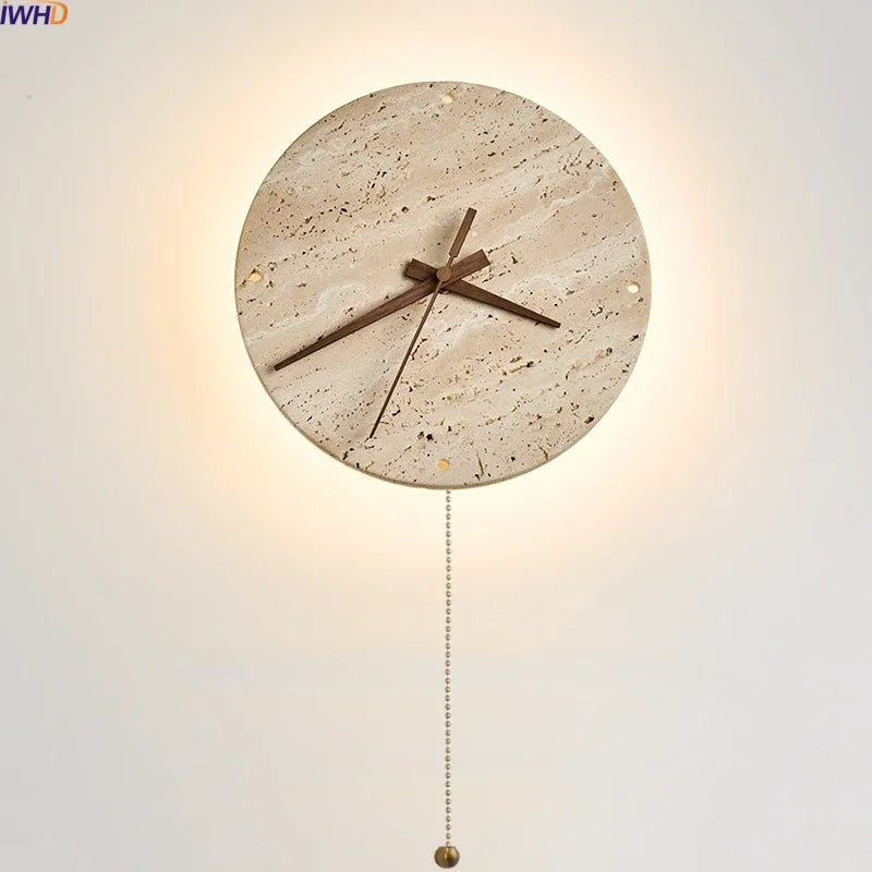 Axyaa Stone Clock LED Wall Light Yellow Travertine Wooden Pointer for Living Room